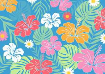 Hawaiian Seamless Pattern. Hibiscus flowers Pattern. Tropic flowers and Leaves. Hawaiian Aloha Shirt. Design for fabric, textile, wallpaper, clothing. floral background. vector illustration