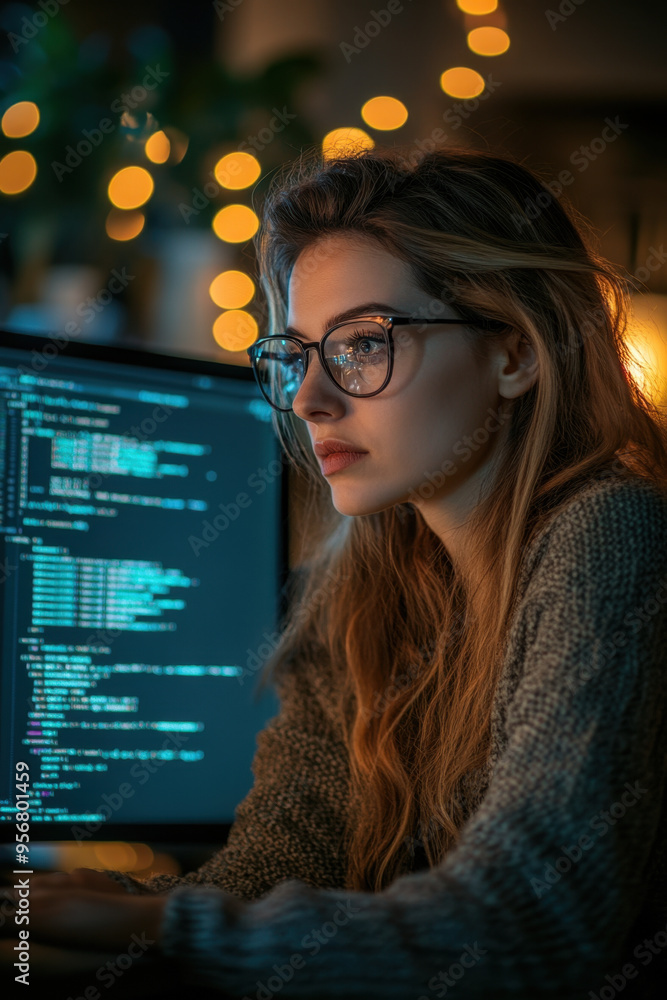 Aufkleber cyber security specialist, a female it expert evaluates ai threats to consumer data while coding and