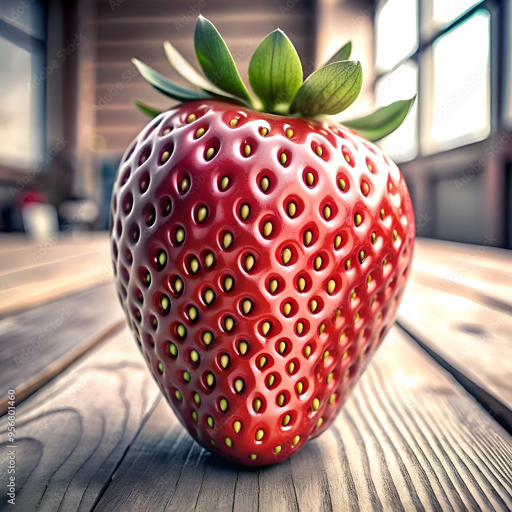 Poster a photorealistic 3d rendering of a juicy strawberry. capturing the intricate detail of its textured 