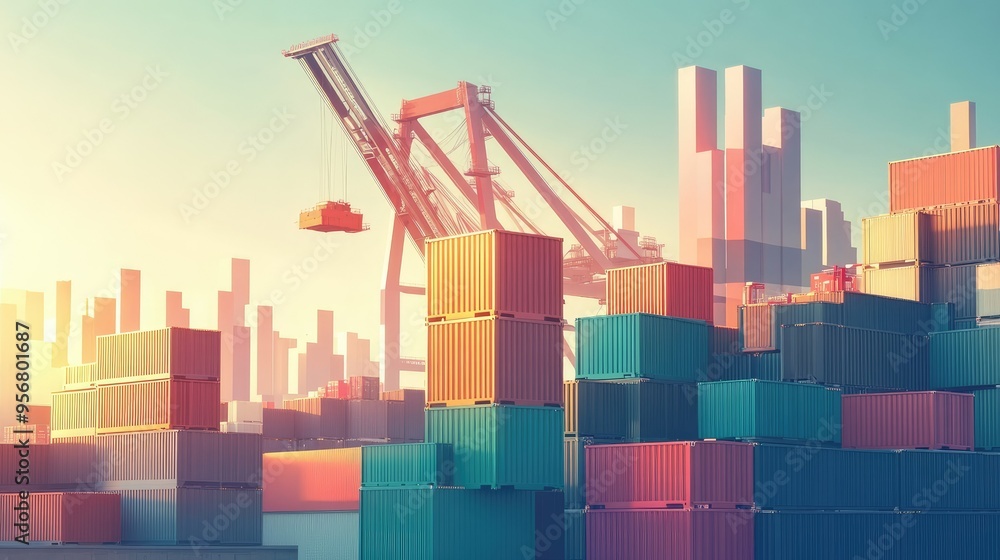 Poster busy harbor with cargo containers being handled by a crane and a rising bar chart. visualizes the im