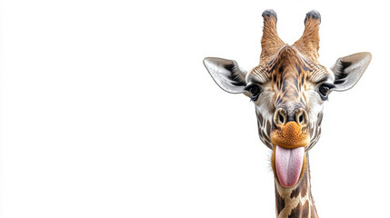 Obraz premium Giraffe Tongue, A funny photo of a giraffe playfully sticking out its long tongue, isolated on a white background for clear visibility and easy sharing