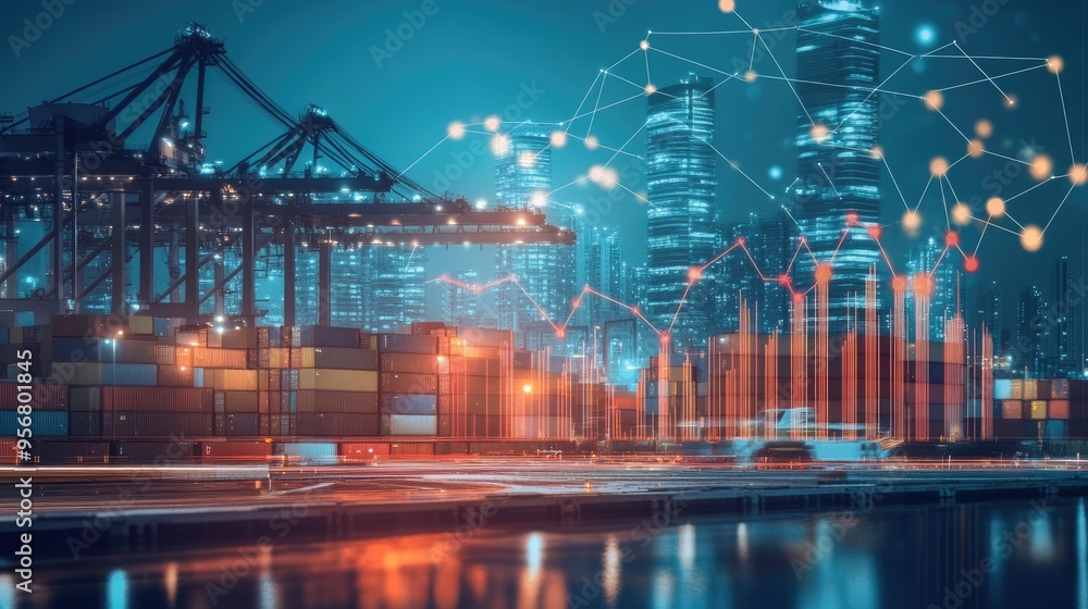 Poster busy harbor with cargo containers being handled by a crane and a rising bar chart. visualizes the im