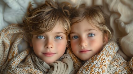 Portrait of two adorable children with beautiful blue eyes, wrapped in cozy blankets, lying close together, capturing a tender sibling bond.