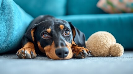Adult dog lies on floor in cozy blue couch proud sad look, long neck, bored alone, waiting for owner tired of playing with soft toy Gifts, goods for pet. dachshund is bored at home, asks for attention