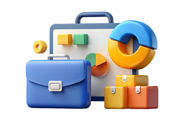 Flat Floating briefcase and pie chart with Market Segmentation text concept as A sleek vector design featuring a floating briefcase and pie chart with the text Market Segmentation. The elements are is