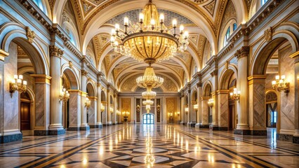 Obraz premium A bright spotlight shines down on the gleaming marble floor of a grand, high-ceilinged public interior space with elegant archways and ornate chandeliers.