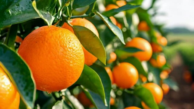 Ripe oranges are hanging from a tree in an orange farm.
