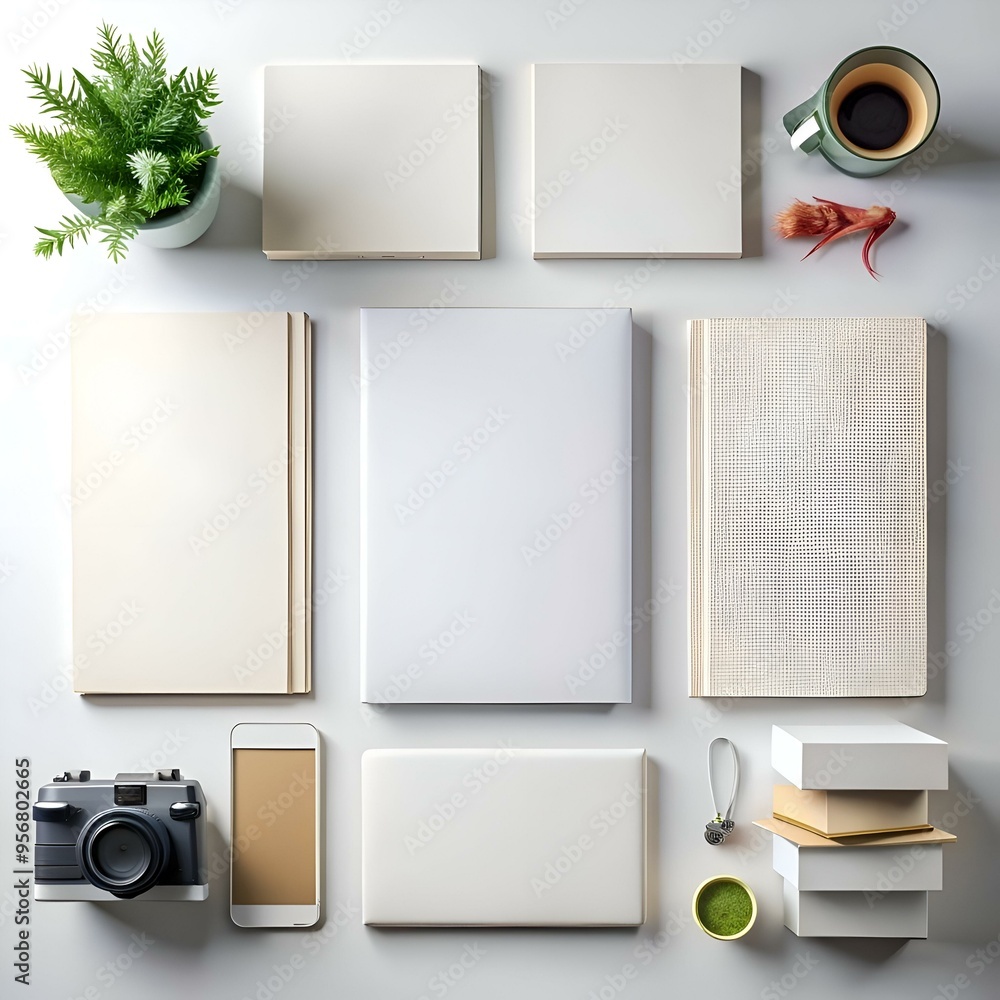 Poster a flat lay of various white and cream objects on a white background.