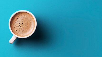 White coffee cup filled with frothy coffee on a bright blue background with empty space on the right side. A simple and modern composition.