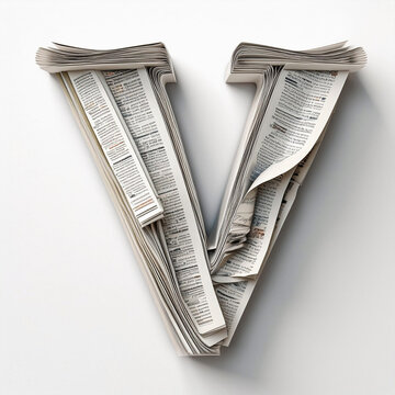 Alfabeto em recortes de folhas de jornal e revista, Letra V  fundo branco.