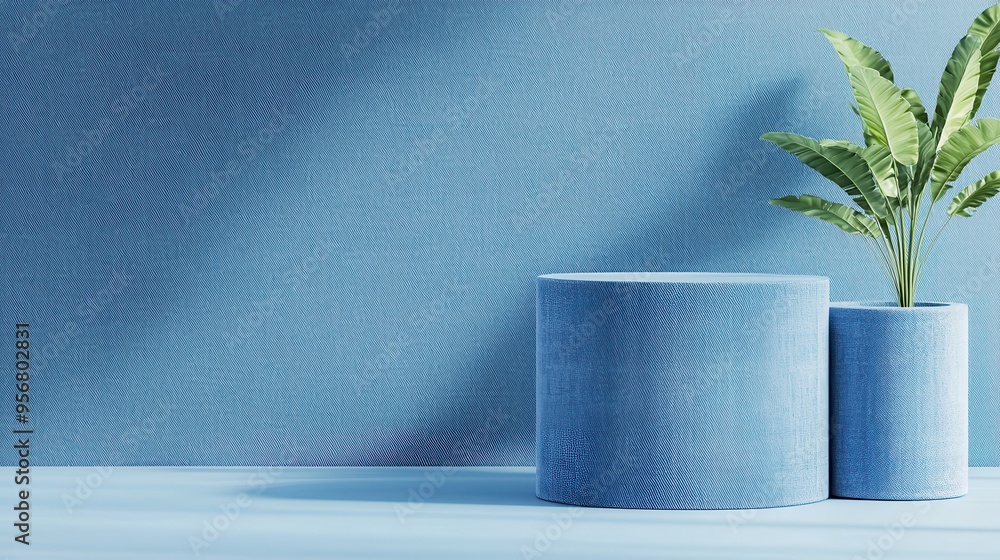 Wall mural Blue Cylindrical Podium with Tropical Plant.