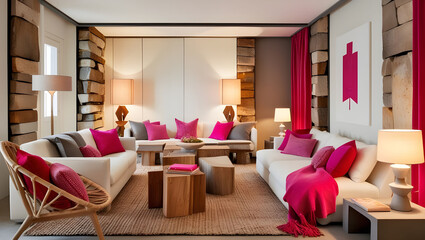 Throw pillows and rugs in a 3D room in complementary colors bring a sense of comfort and texture. The stylish space is illuminated by a combination of unique, sculptural table lamps and floor lamps.