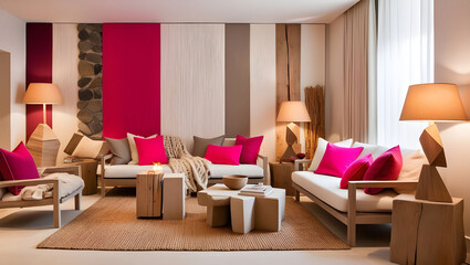 Throw pillows and rugs in a 3D room in complementary colors bring a sense of comfort and texture. The stylish space is illuminated by a combination of unique, sculptural table lamps and floor lamps.