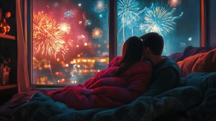 Couple cuddling on a couch, wrapped in a warm blanket, watching fireworks through a window