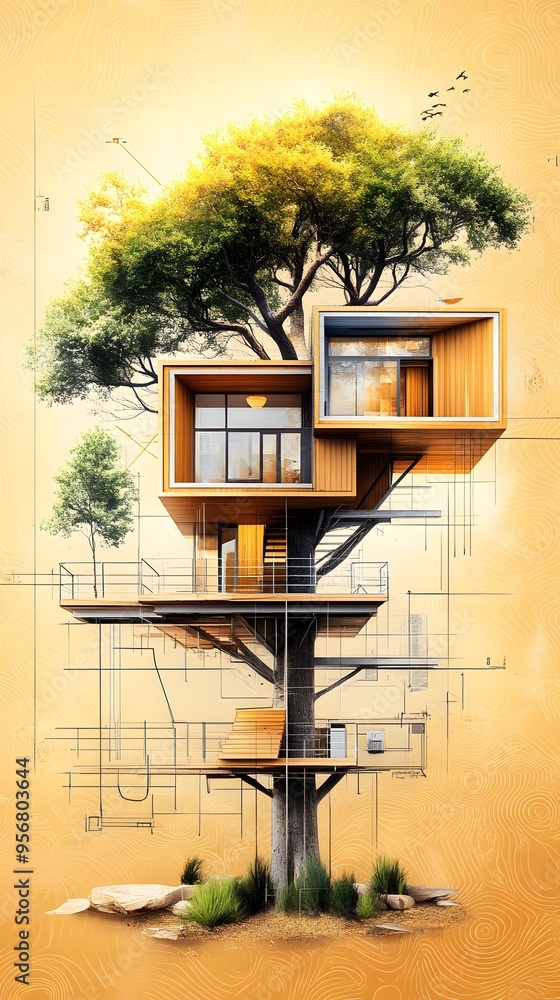 Poster treehouse architectural blueprint design.