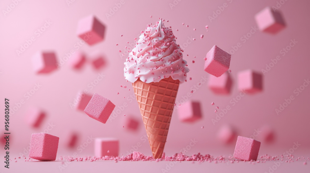 Poster pink cone shapes, a lively pink cone with floating cubes creates a fun and dynamic scene against a s