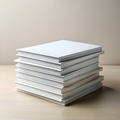 A stack of blank. white books on a wooden table.