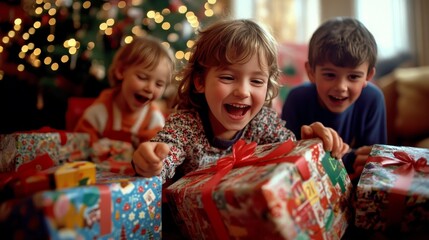 Fototapeta premium Happy children opening presents on New Years morning, surrounded by wrapping paper and joy
