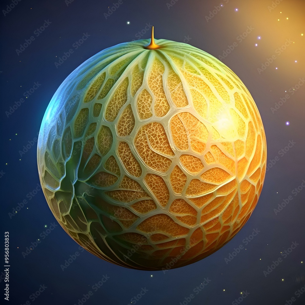 Poster a surreal and captivating image of a melon like planet against a starry backdrop.