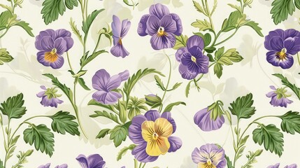 A seamless vintage botanical pattern with illustrations of delicate violets and pansies, rendered in soft purples and yellows against a cream background.