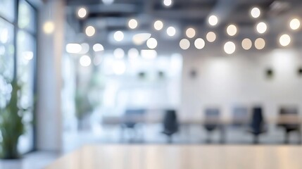 A blurred view of a modern office space featuring tables, chairs, and ambient lighting, suggesting a collaborative environment.