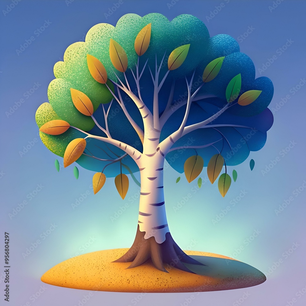 Poster a charming 3d illustration of a whimsical tree with a white trunk and vibrant leaves. perfect for ad