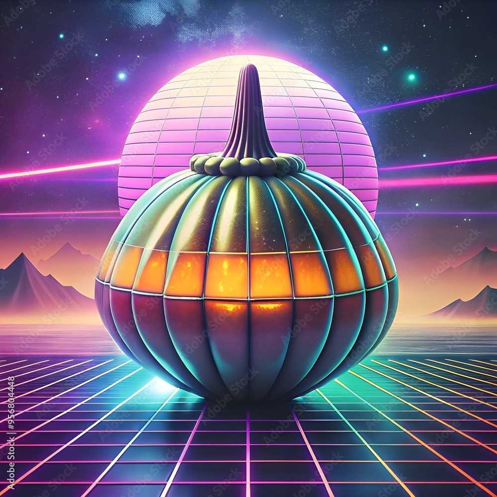 Poster a futuristic. 3d rendered buttercup squash sits on a retro grid. glowing with an otherworldly light.