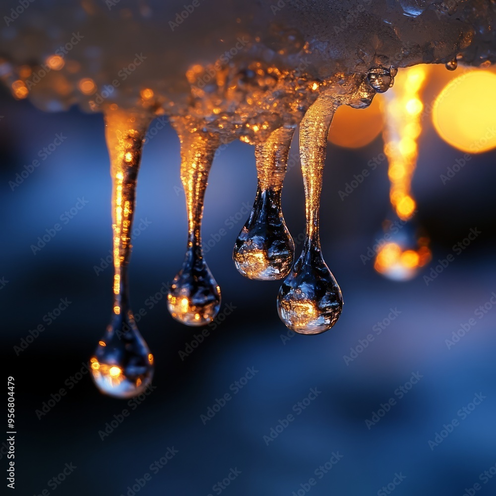 Wall mural Icicle melting, dripping water droplets, close-up, reflection, sunlight, winter, nature.