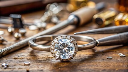 A close-up of a diamond ring lying on a workbench, surrounded by precision tools and miniature parts, undergoing delicate repair and maintenance process.