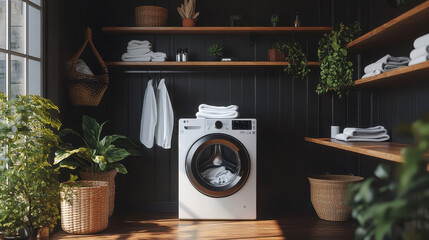 Laundry Room Decor,  A modern laundry room features a washing machine, a neatly folded white shirt, and stylish decorations set against a dark wall backdrop