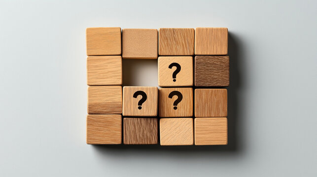 Wooden blocks arranged in a square with three blocks displaying question marks. An empty space is present within the arrangement, suggesting a missing piece. - Powered by Adobe