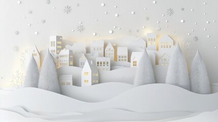 Cozy winter village with snow-covered houses and trees in paper art style, illuminated by warm lights, Christmas concept