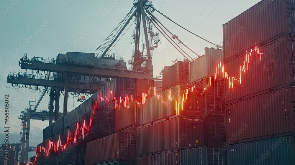 Poster cargo containers being lifted from a ship by a crane at the harbor, with an increasing graph in the 