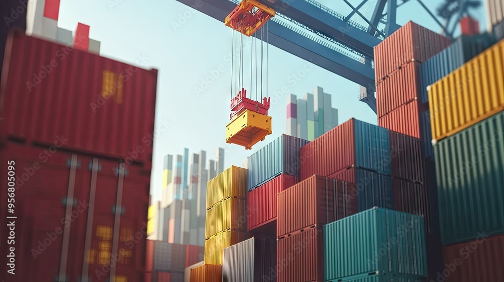 Poster cargo containers being lifted from a ship by a crane at the harbor, with an increasing graph in the 
