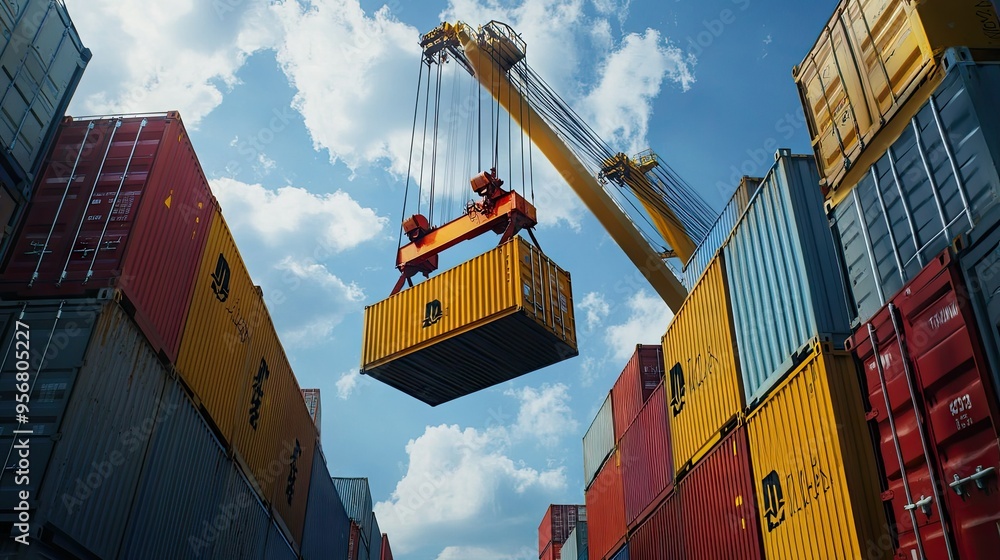 Poster cargo containers being lifted from a ship by a crane at the harbor, with an increasing graph in the 