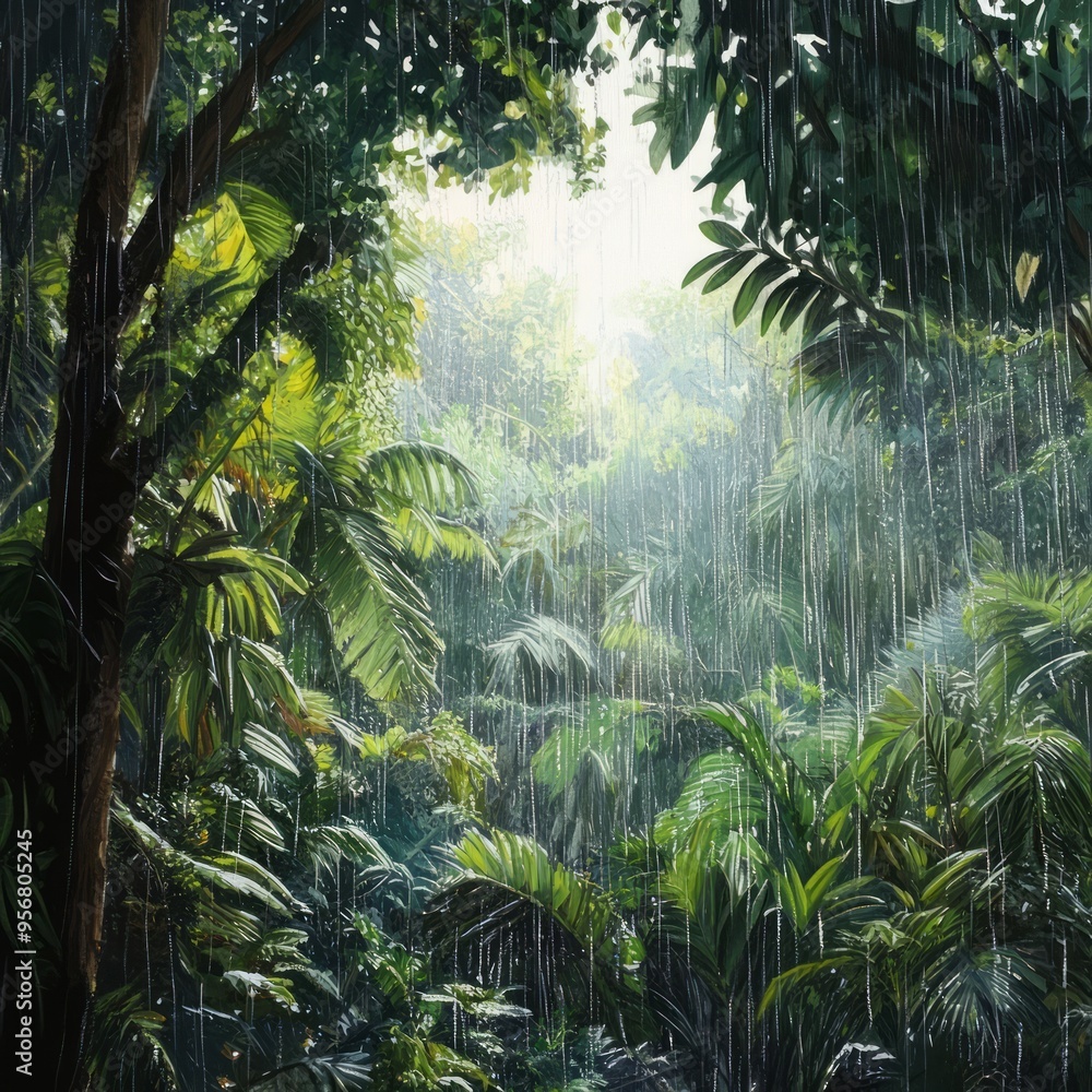 Poster Lush green rainforest with heavy rainfall and sunlight shining through the canopy.