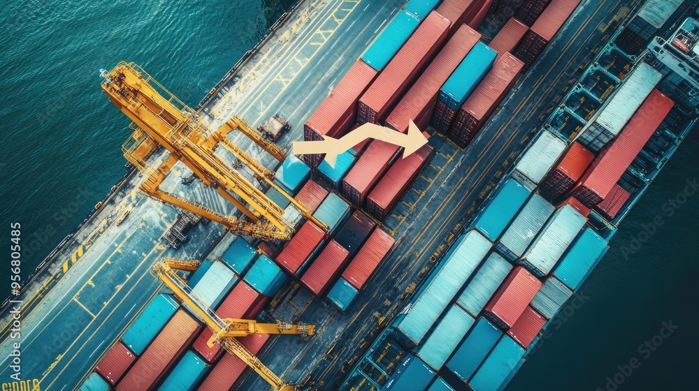 Poster cargo ship at dock with crane unloading containers, overlayed with an up arrow and bar chart. repres