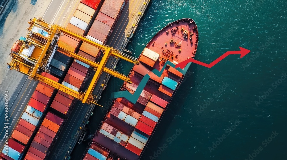 Poster cargo ship at dock with crane unloading containers, overlayed with an up arrow and bar chart. repres