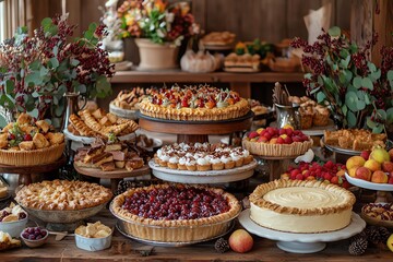 A beautifully arranged dessert table featuring an array of pies, pastries, and fruits, perfect for celebrations or gatherings.