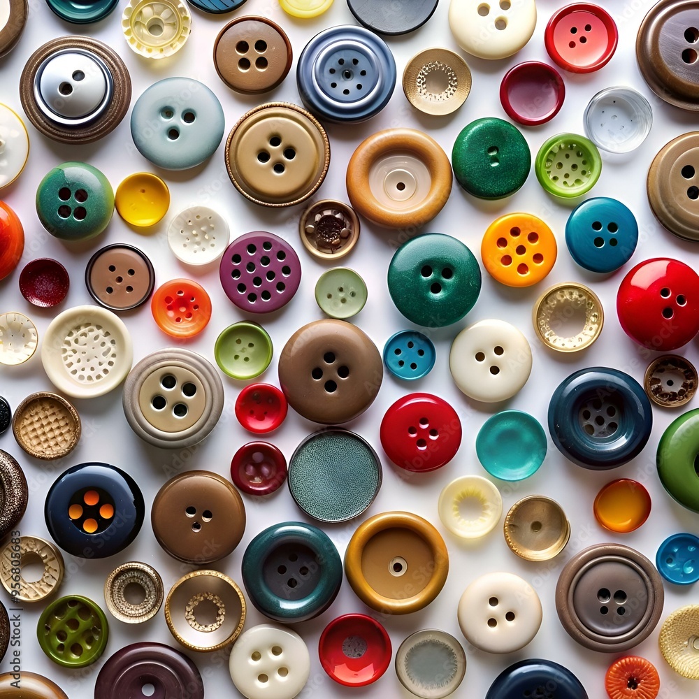 Poster a vibrant and playful collection of colorful buttons scattered on a white background.
