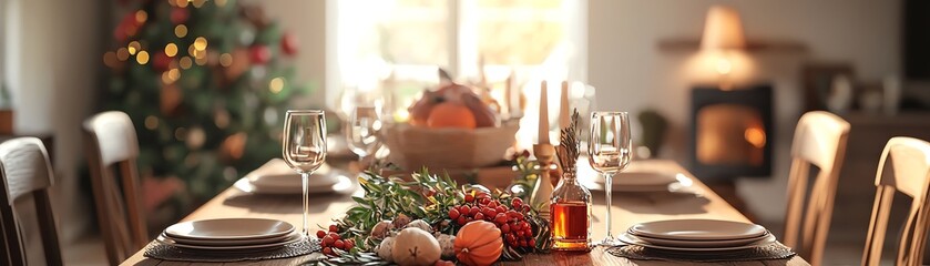 Fototapeta premium A beautifully set festive dining table adorned with autumn decor, perfect for holiday gatherings and family celebrations.