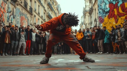 A breakdancer performing a windmill move on a graffitied street corner, with a crowd cheering around them, capturing the raw energy of urban dance.