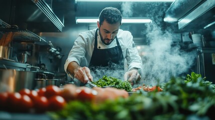 Fototapeta premium A chef sprinkles coarse sea salt over ribs before they are smoked, showcasing the careful preparation behind every delicious bite.