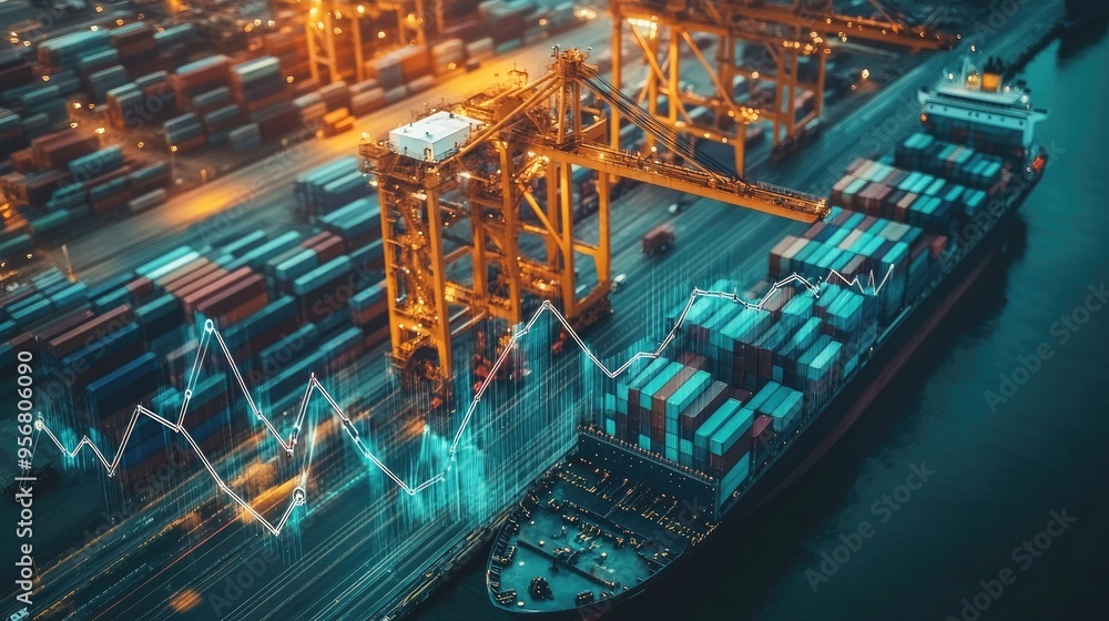 Poster cargo ship being unloaded at the dock by a crane, with a graph showing an increase. visualizes the c