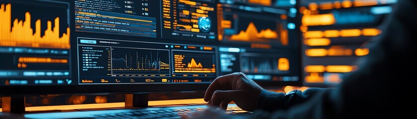 A close-up of a hand on a computer mouse, navigating analytical data screens with vibrant orange and blue themes.