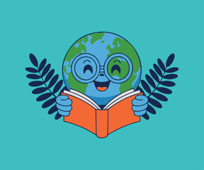 an anthropomorphic smiling earth reading a book, big eyes, cute style, blue and green planet with orange continents, black leaf-like hands, teal background, digital art