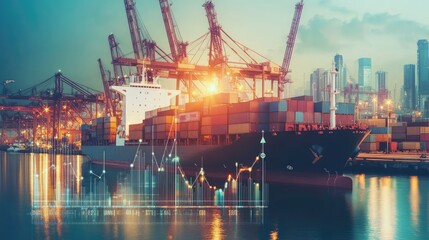 Cargo ship at port with crane in action, and an upward trend graph showing growth in freight transport and export. Highlights logistics advancements.