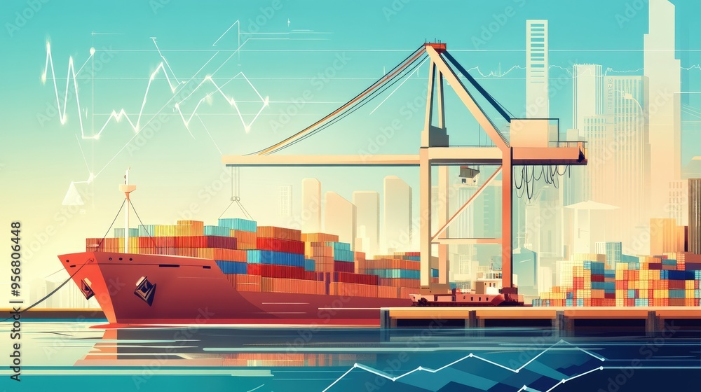 Poster cargo ship being unloaded at the dock by a crane, with a graph showing an increase. visualizes the c