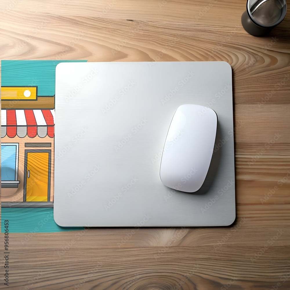 Poster a clean and minimalist desk setup with a white mouse on a silver mousepad. perfect for representing 