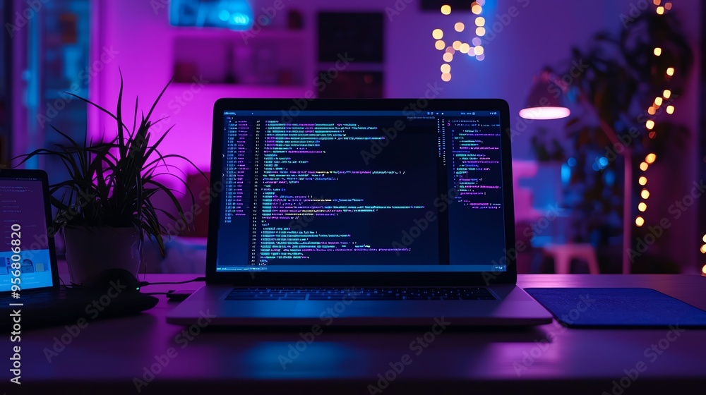 Poster a cozy workspace featuring a laptop displaying code with vibrant lighting, perfect for tech and remo